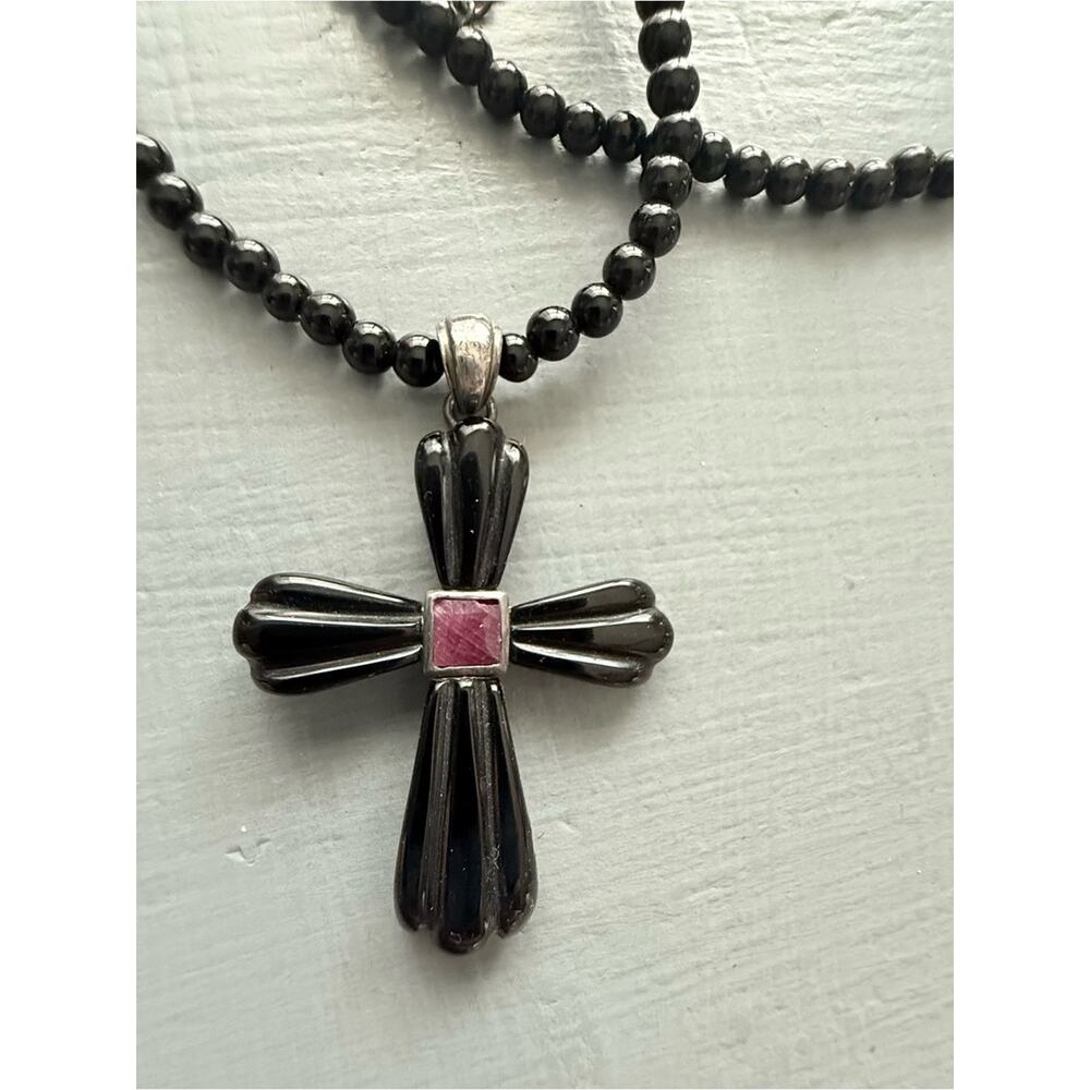 925 Sterling Silver Black Beaded Cross Necklace - Picture 3 of 9